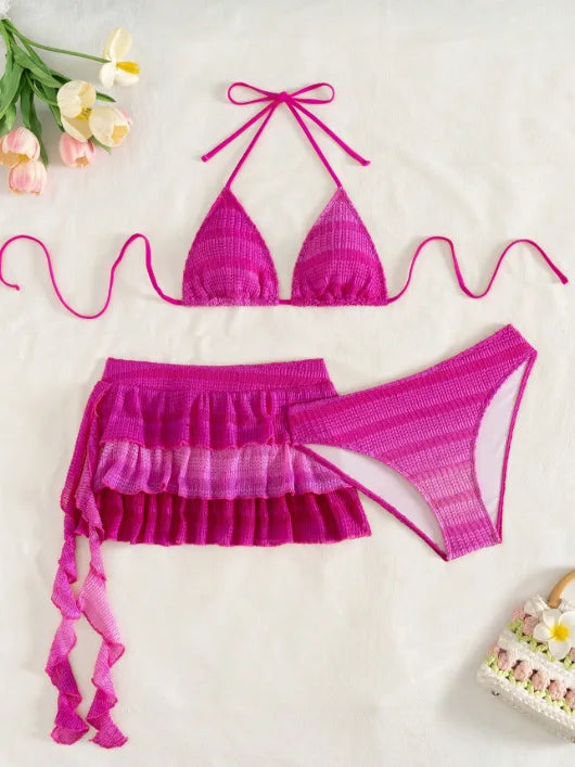 Backless 3 Piece Bikini Set Tie String Two Piece Swimsuitwear Pink Suit Bathing