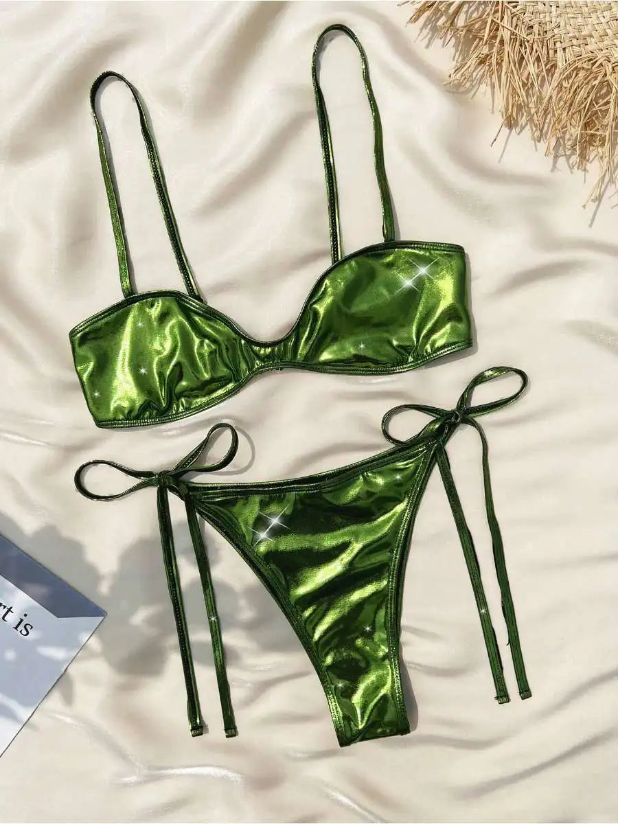 Spaghetti Strap Bikini Set Slim Fit Two Piece Swimsuit Bandage Thongs Panties Solid Color Swimsuit