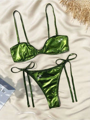 Spaghetti Strap Bikini Set Slim Fit Two Piece Swimsuit Bandage Thongs Panties Solid Color Swimsuit