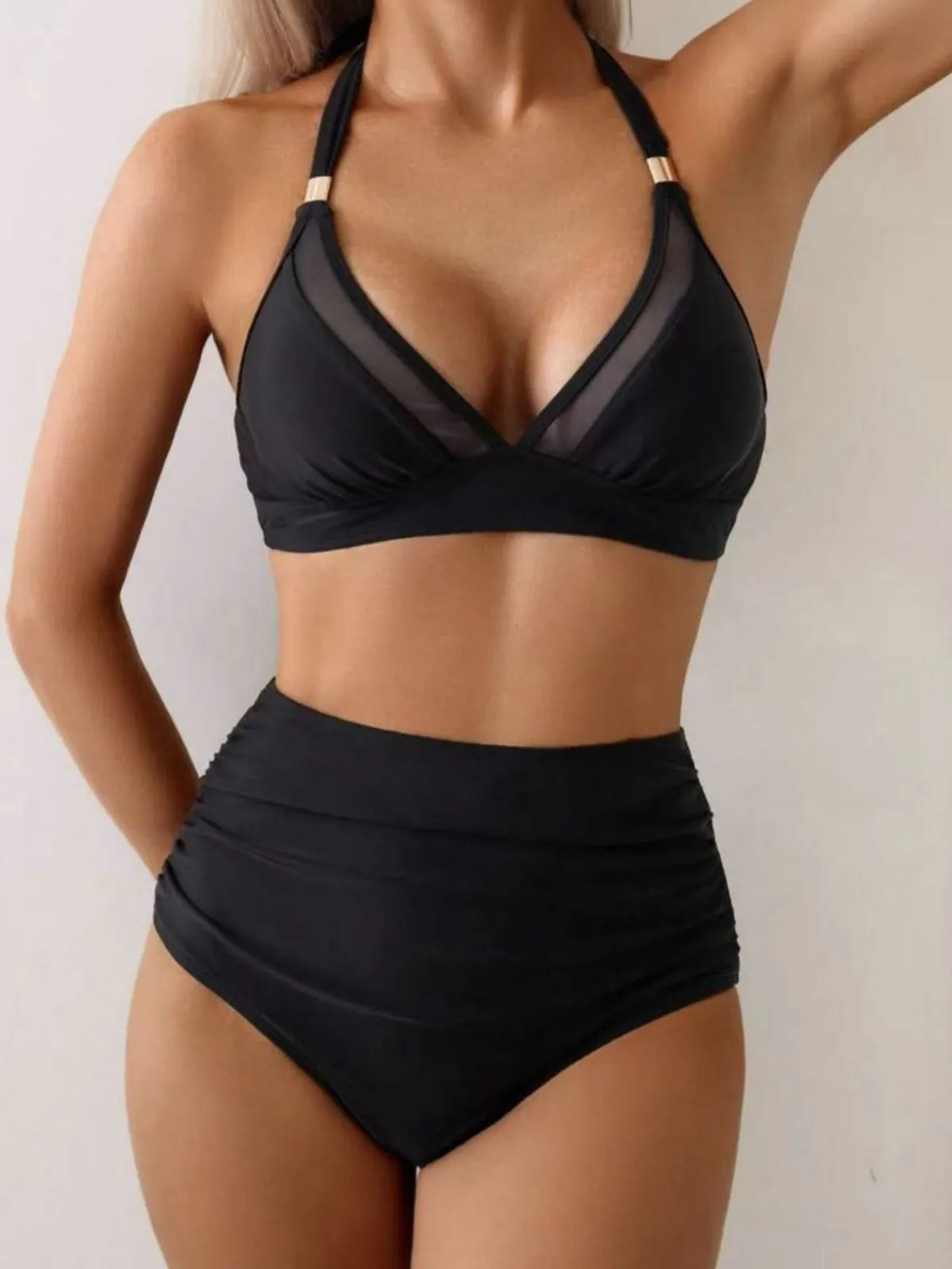 Sheer Mesh Insert Bikini Set Back Tie Two Piece Swimsuitwear Halter Bikini Swimsuit