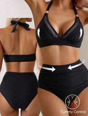 Sheer Mesh Insert Bikini Set Back Tie Two Piece Swimsuitwear Halter Bikini Swimsuit