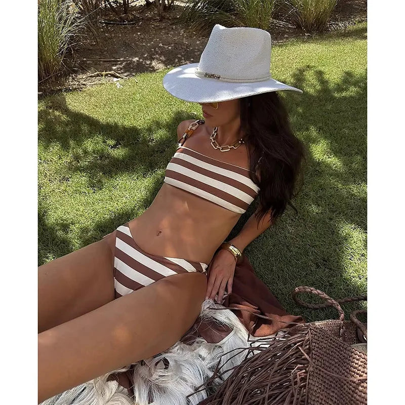 Striped Bikini Set Chain Strap Backless Two Piece Swimsuit Two Piece Bikini Sets