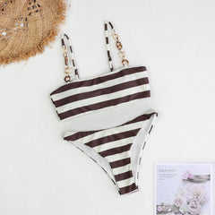 Striped Bikini Set Chain Strap Backless Two Piece Swimsuit Two Piece Bikini Sets