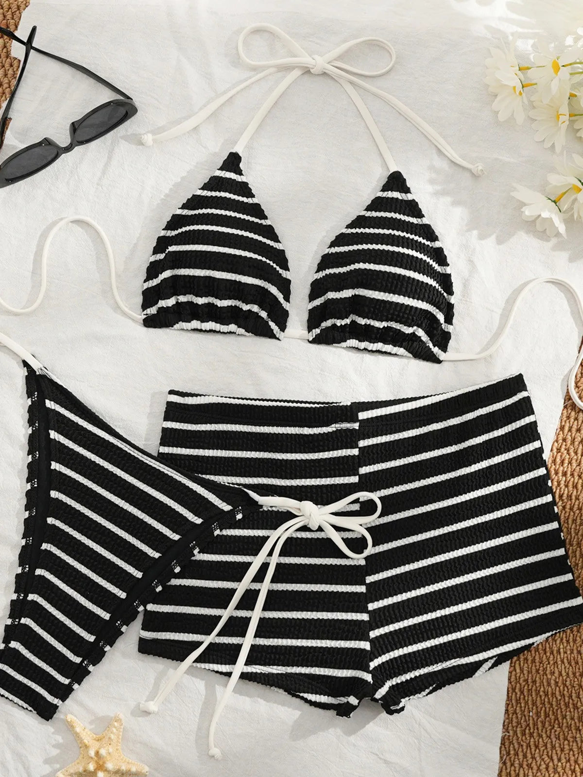 Striped Halter Bikini Set 3 Piece with Adjustable Ties Two Piece Swimsuit Thongs Panties Swimsuit
