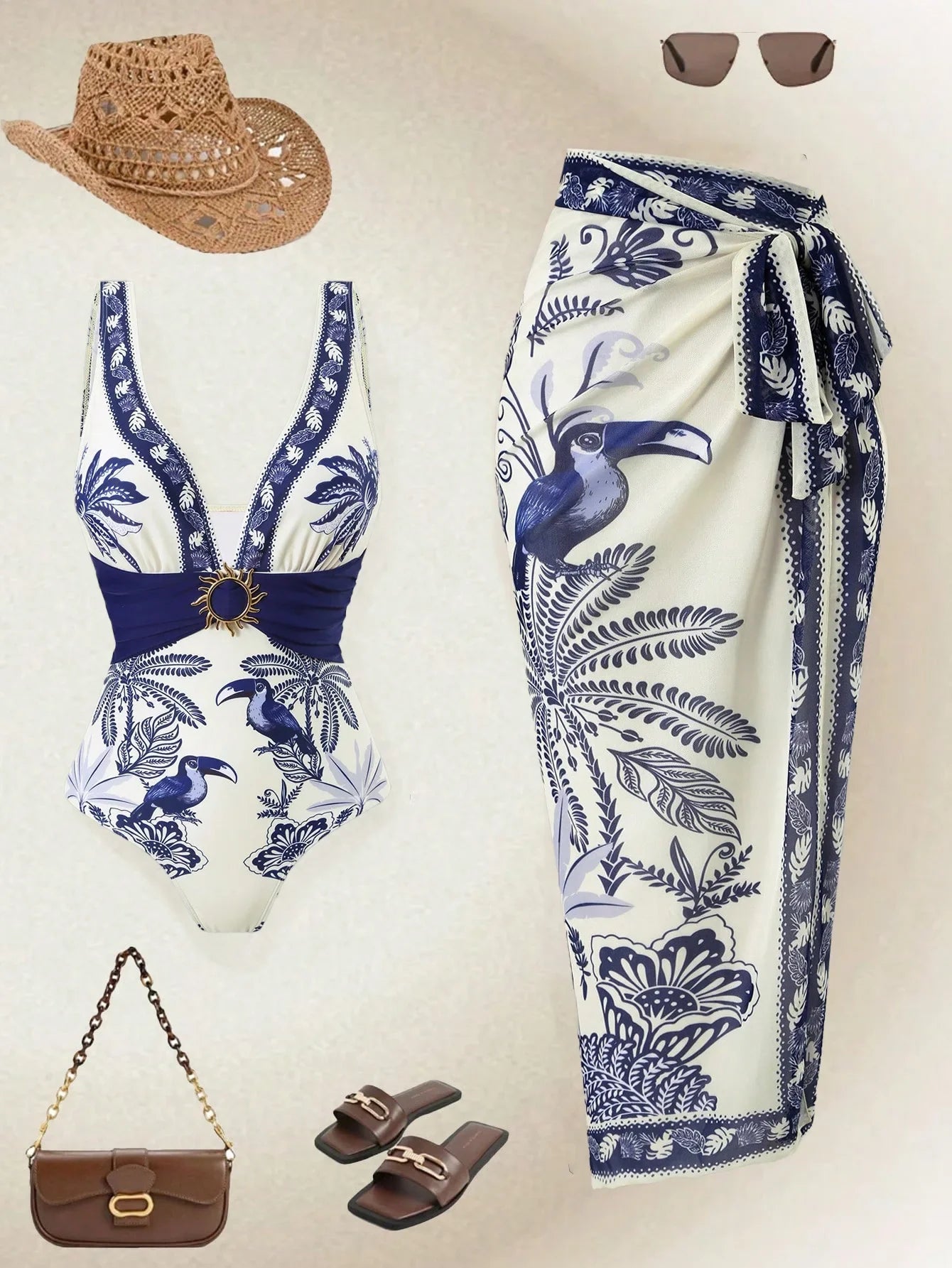 Vintage One Piece Swimsuit Retro Floral Bathing Suit Set Swimsuit Dress Swimwears