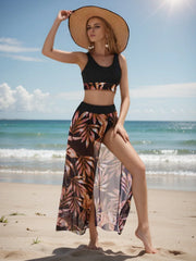 Womens 3 Piece Bikini Set with Long Floral Printed Two Piece Swimsuit with Sheer Cover Up