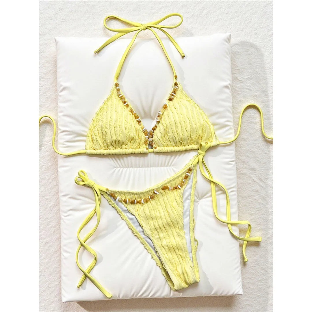 Wrinkled Crinkled Halter Bikini Strappy Two-pieces Bikini Set