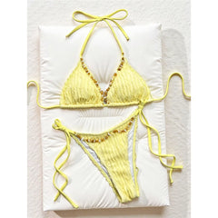 Wrinkled Crinkled Halter Bikini Strappy Two-pieces Bikini Set