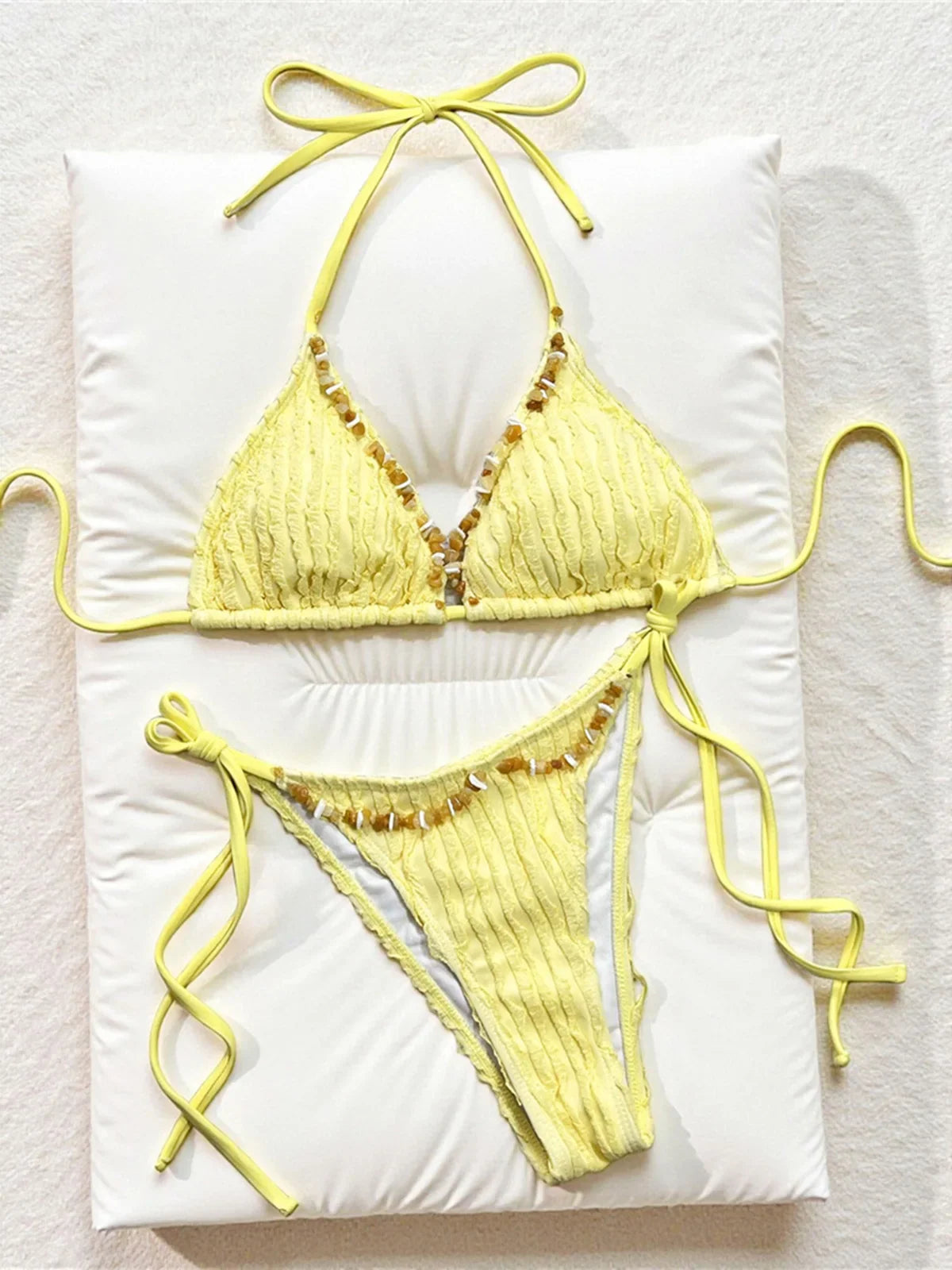 Wrinkled Crinkled Halter Bikini Strappy Two-pieces Bikini Set