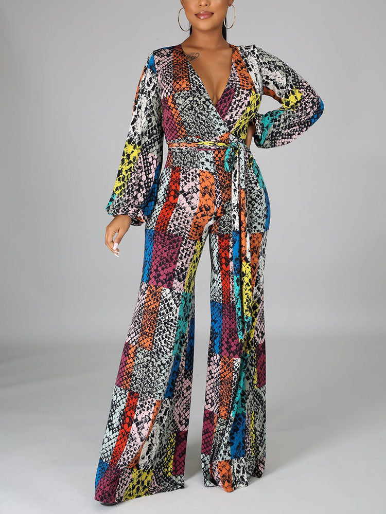 Snake Print V Neck Wide Leg Jumpsuits