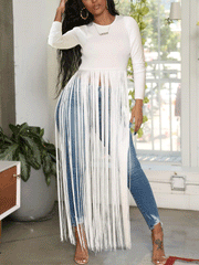 Solid Long Sleeve Tassels Tops