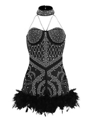 Mesh Rhinestone Feather Rompers