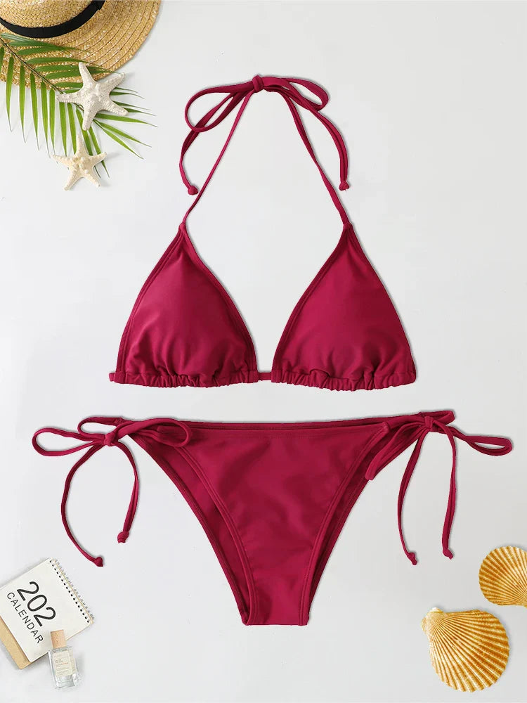 2Pcs/Set Thong Bikini Set Side Lace-up Swimsuit Bandage Neck Tie Swimwear Adjustable Style Bikini Underwear