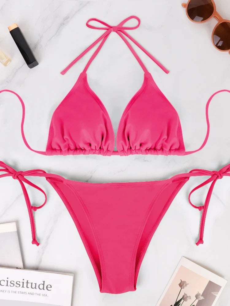 2Pcs/Set Swimsuit Bikini Set Lady's Solid Color Rose Red Swimsuit Wrinkle Strap Bareback Strap Bikini Set