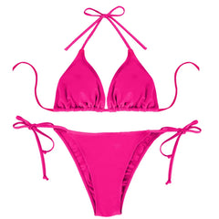 2Pcs/Set Swimsuit Bikini Set Lady's Solid Color Rose Red Swimsuit Wrinkle Strap Bareback Strap Bikini Set