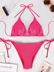 2Pcs/Set Swimsuit Bikini Set Lady's Solid Color Rose Red Swimsuit Wrinkle Strap Bareback Strap Bikini Set