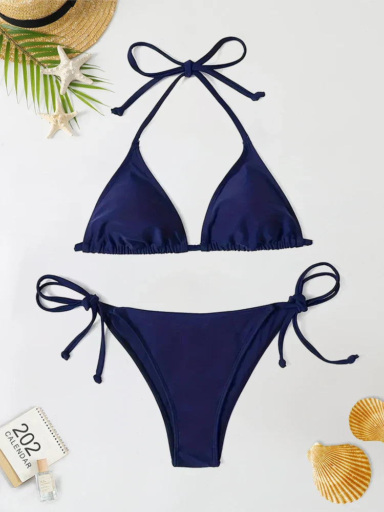 2Pcs Swimwear Thong Bikini Set Navy Blue Swimsuits Woman Bathing Bikinis Triangle Bandagewear
