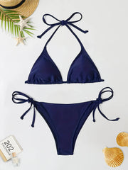 2Pcs Swimwear Thong Bikini Set Navy Blue Swimsuits Woman Bathing Bikinis Triangle Bandagewear