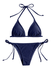 2Pcs Swimwear Thong Bikini Set Navy Blue Swimsuits Woman Bathing Bikinis Triangle Bandagewear