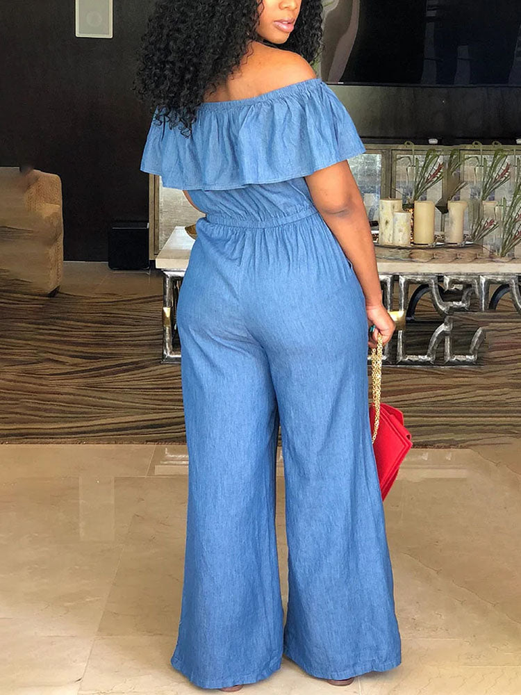 Off Shoulder Ruffle Wide Leg Jumpsuits
