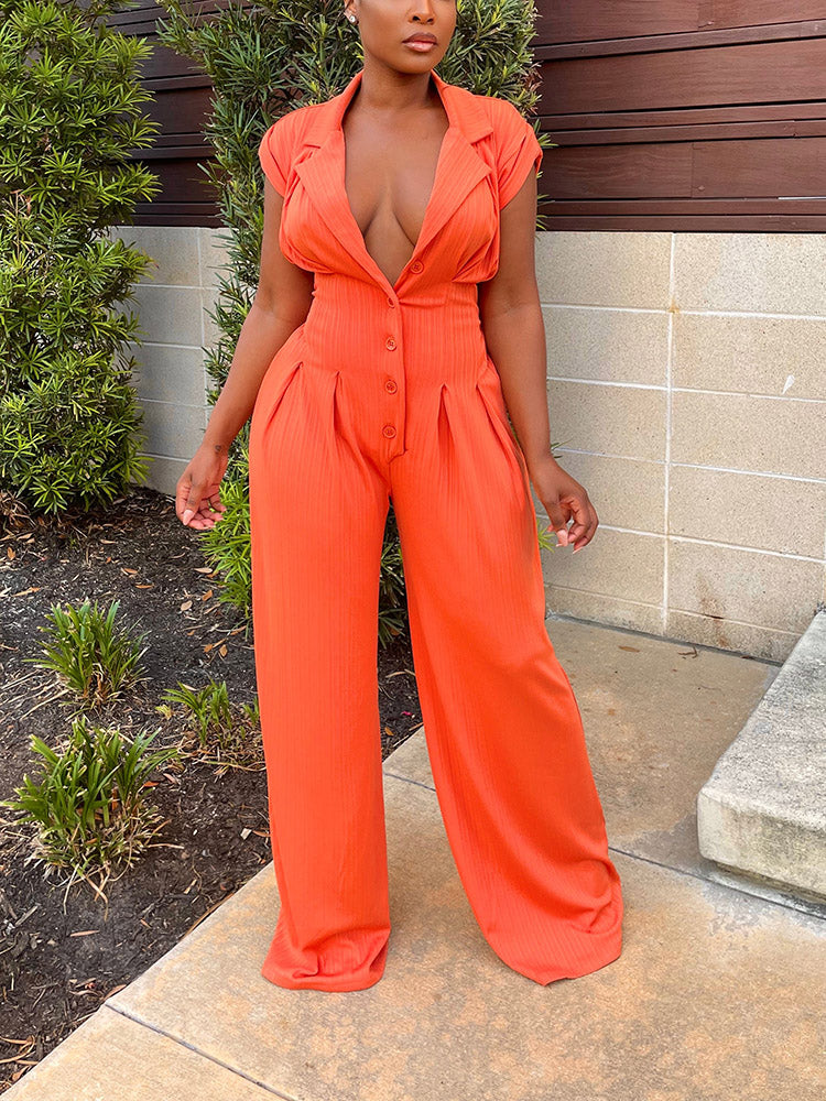 Cut Out Back Button Down Jumpsuits