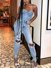 Rhinestone Denim Bustier Tops