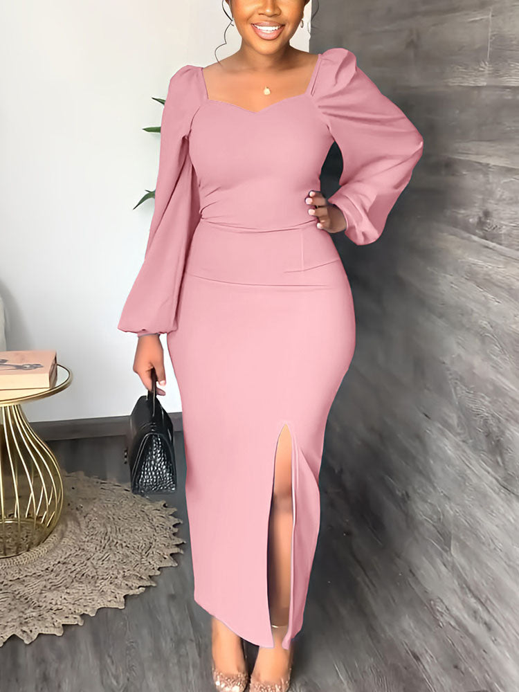 Lantern Sleeve Slit Dresses