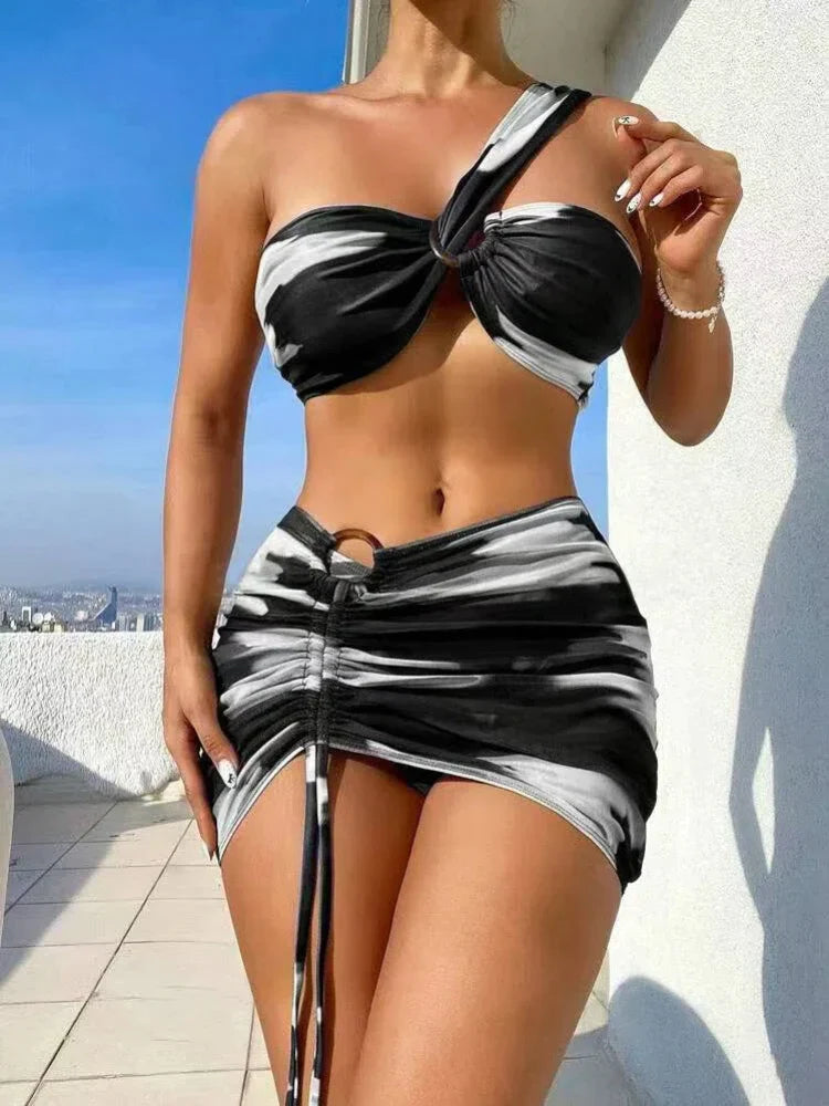 3-Piece Bikini Set with Bodycon Low Back Two Piece & Cover Up One Shoulder Bikini Top Set