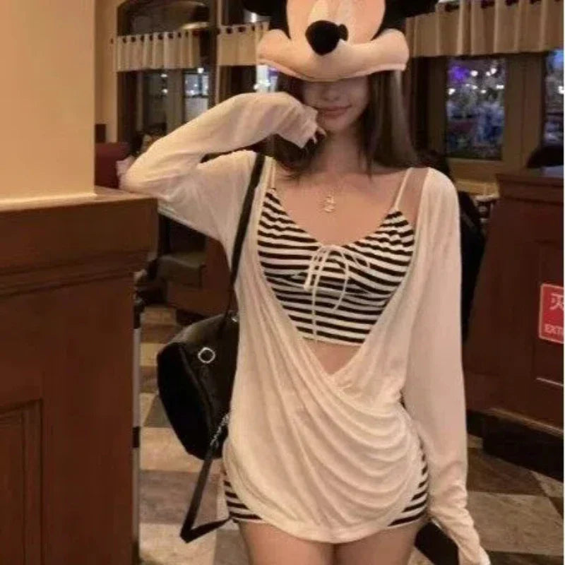 3-Piece Striped Bikini Seted Boyleg Swimsuit Comfortable & Full Coverage Swimwear Sets