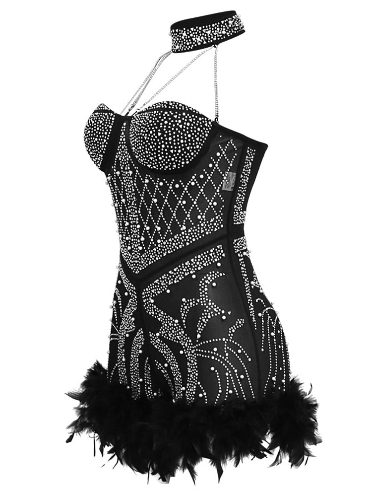 Mesh Rhinestone Feather Rompers