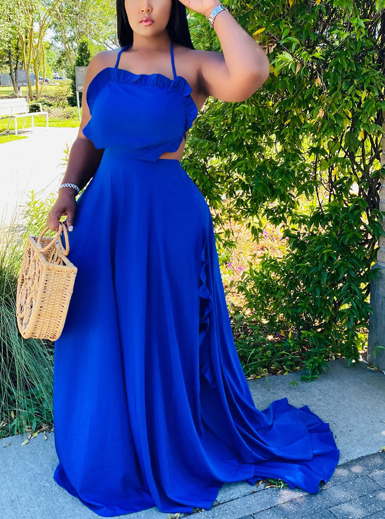Ruffle Halter Backless Maxi Dresses