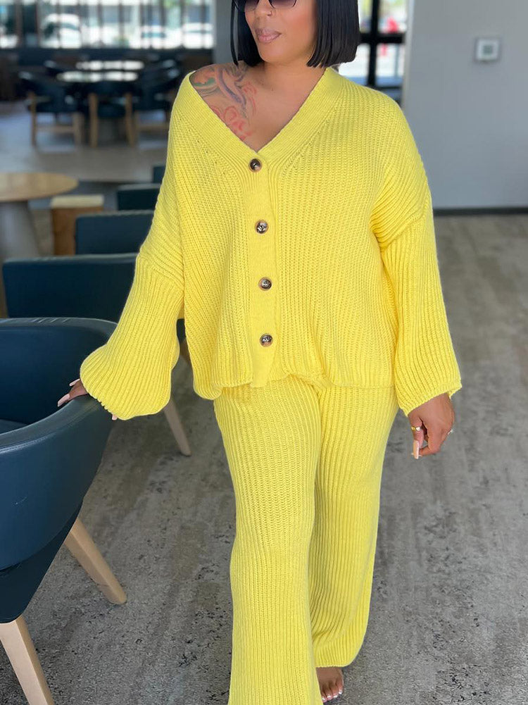 Knit Button Cardigan  Wide Pants Set