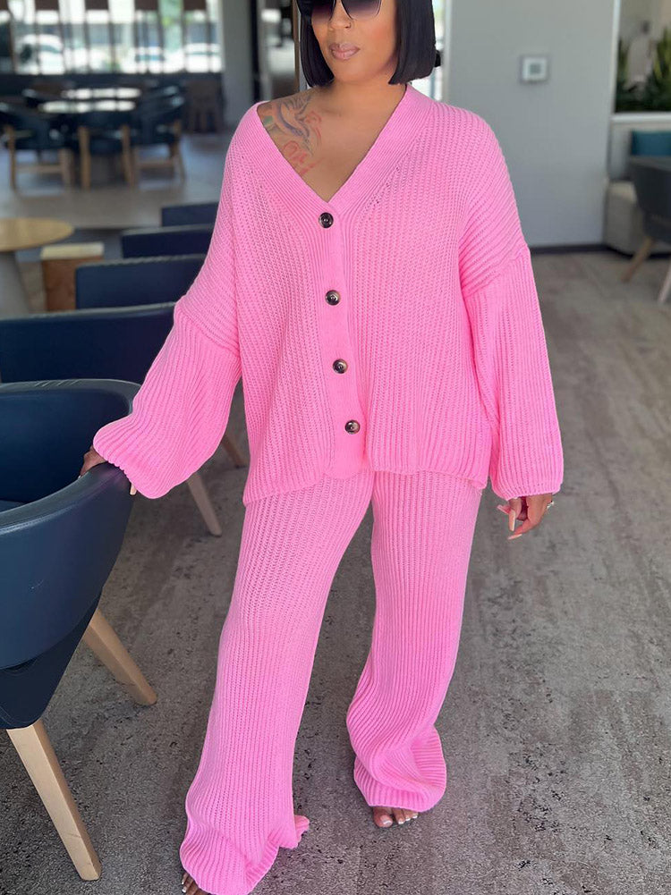 Knit Button Cardigan  Wide Pants Set