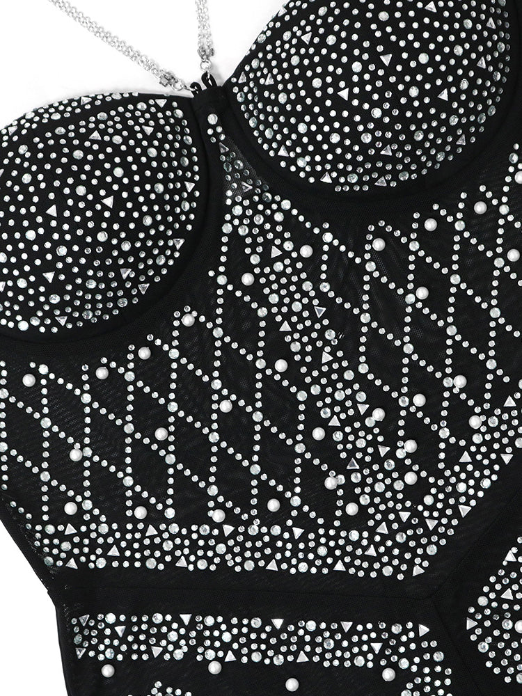 Mesh Rhinestone Feather Rompers