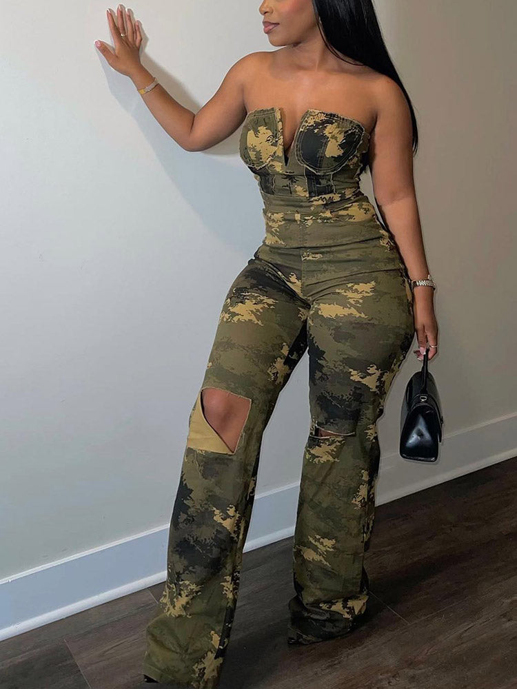 Ripped Strapless Camo Jumpsuits