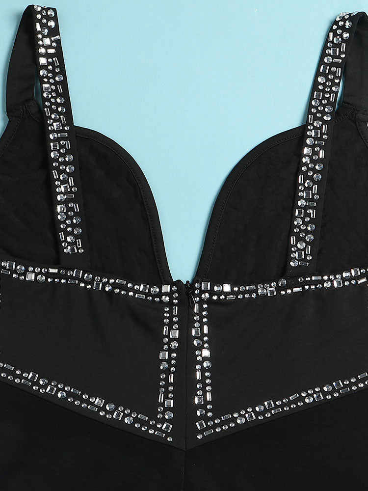 Rhinestone Mesh Contrast Jumpsuits
