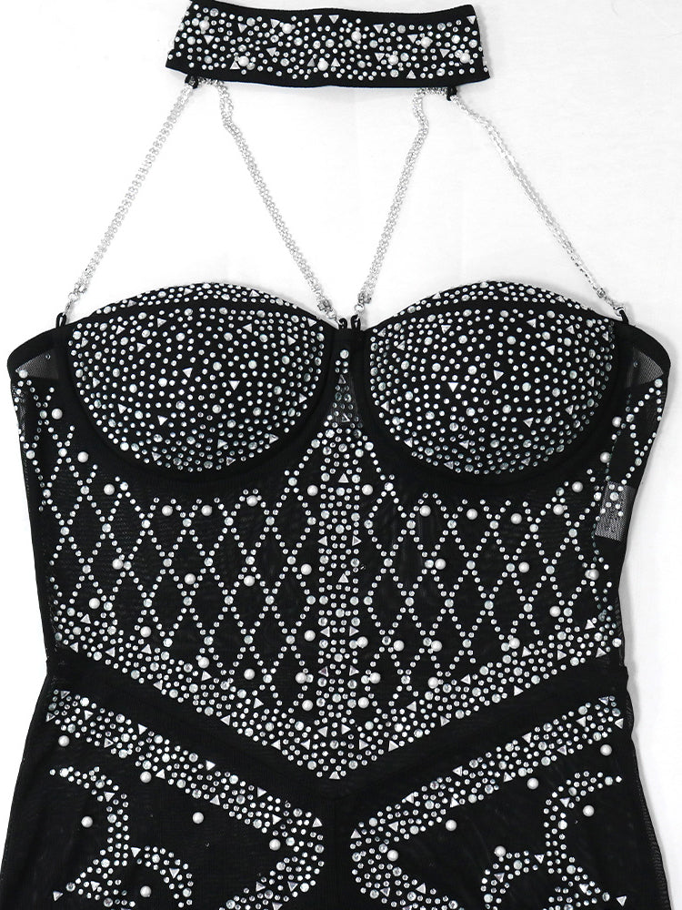 Mesh Rhinestone Feather Rompers
