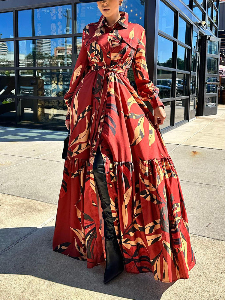 Leaf Print Ruffle Hem Dresses