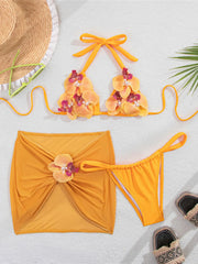 3D Flowers With Bikini Halter Three-pieces Bikini Set