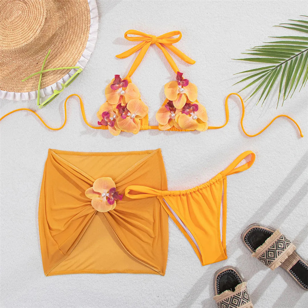 3D Flowers With Bikini Halter Three-pieces Bikini Set
