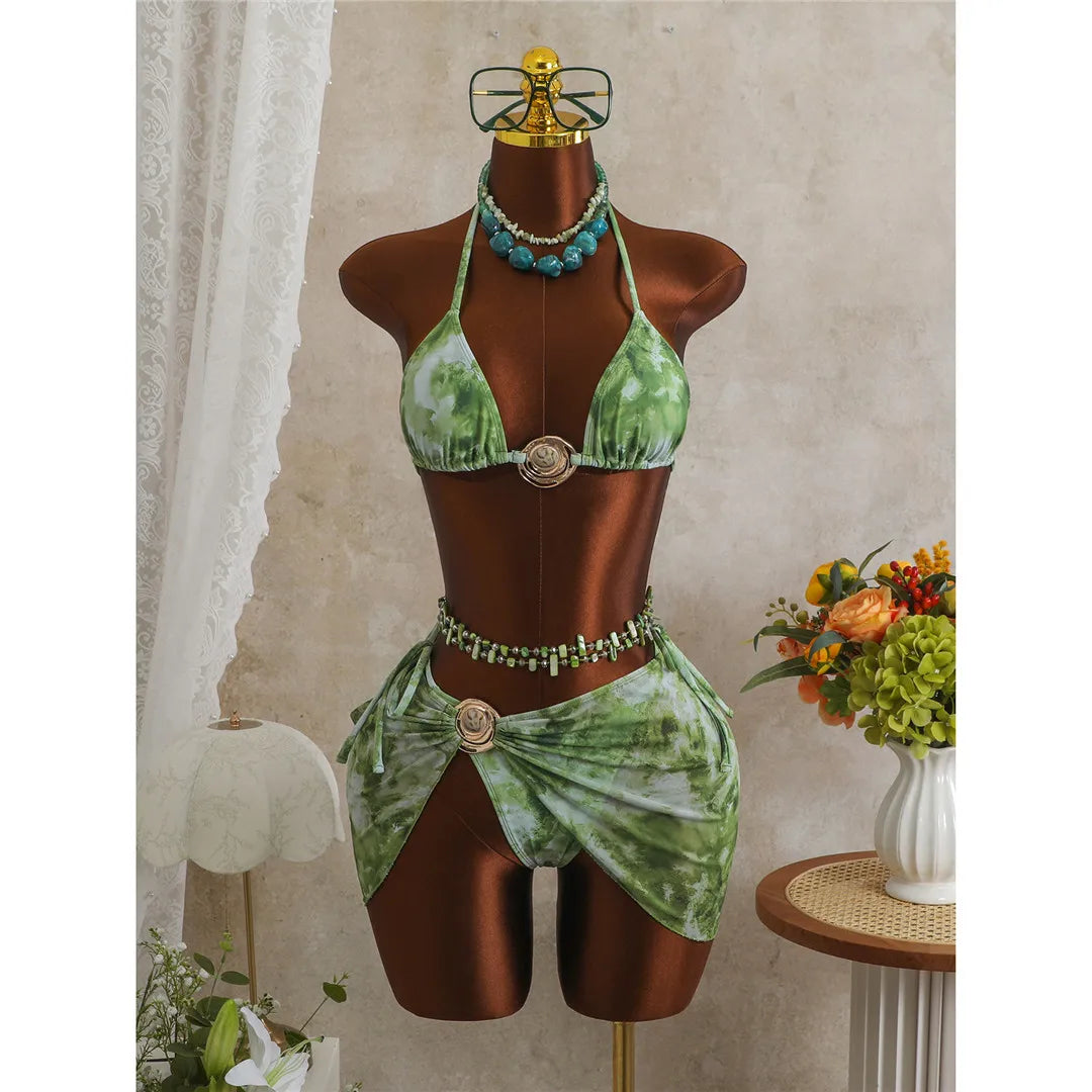 3PCS With Tie Dye Halter Bikini Three-pieces Bikini Set