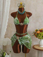 3PCS With Tie Dye Halter Bikini Three-pieces Bikini Set