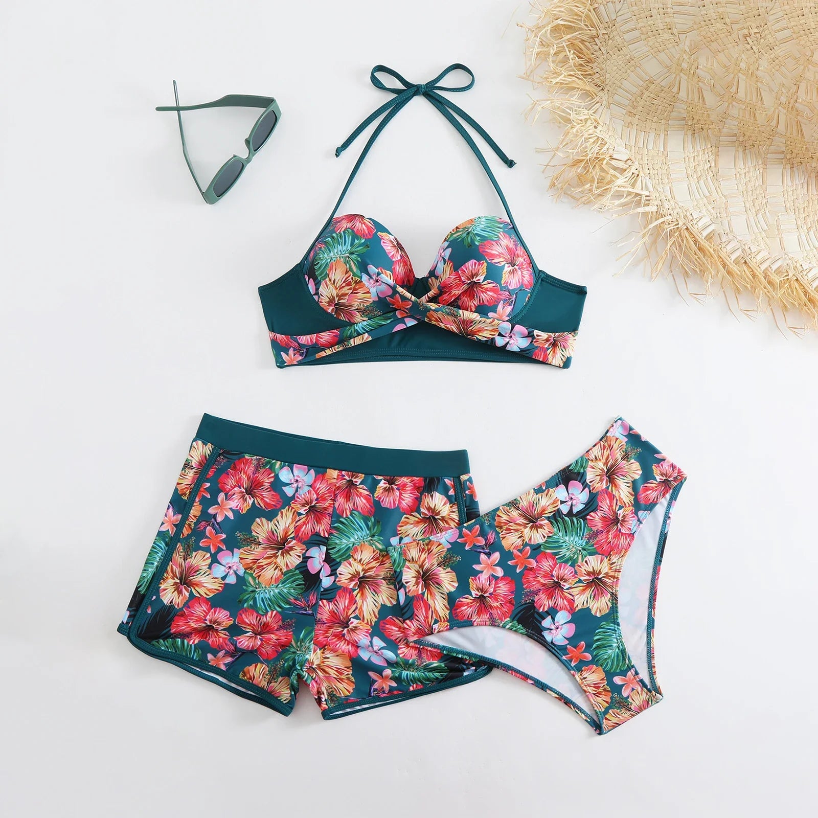 3Pieces Bikini Set Swimsuits Flower Print Tie-up Bra Bathing Suit with Swimming Suit Biquini Swimwear