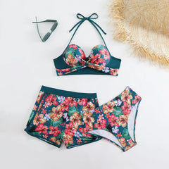 3Pieces Bikini Set Swimsuits Flower Print Tie-up Bra Bathing Suit with Swimming Suit Biquini Swimwear