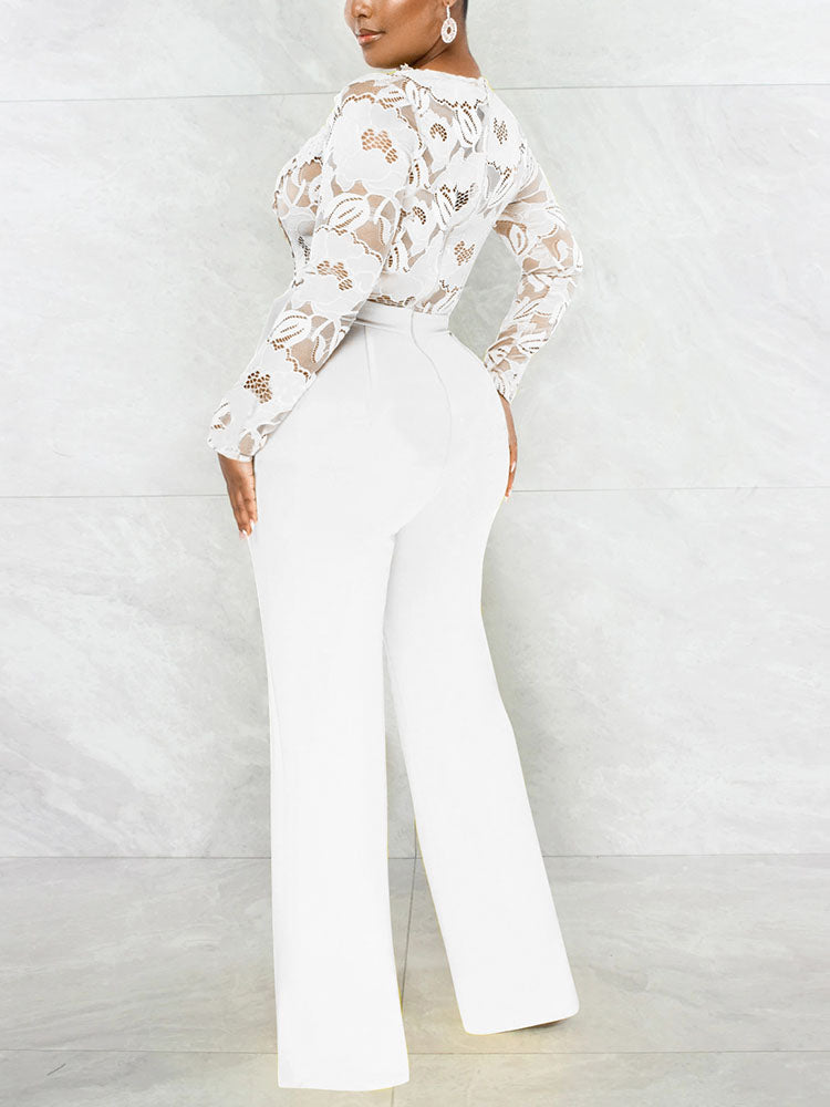 Lace V Neck With Belt Jumpsuits