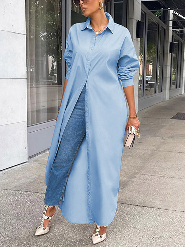 Solid Button Split Shirt Dresses