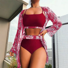 4 Colors Three Pieces Swimming Sling Bikini Sets With Panties Floral Cover Up