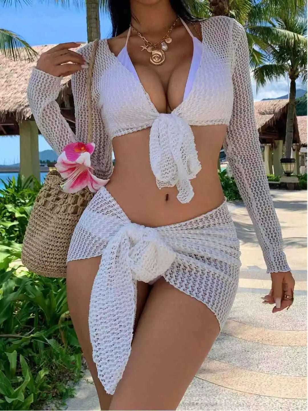 4-Piece Long Sleeve Bikini Set UPF Sun Protection with Sheer Cover Up Cut Outwear Swimsuit White