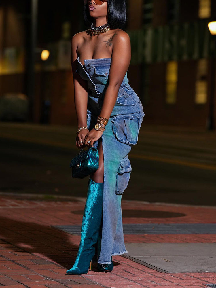Iridescent Denim Cargo Dresses
