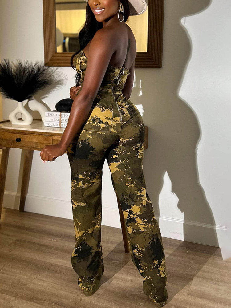 Ripped Strapless Camo Jumpsuits